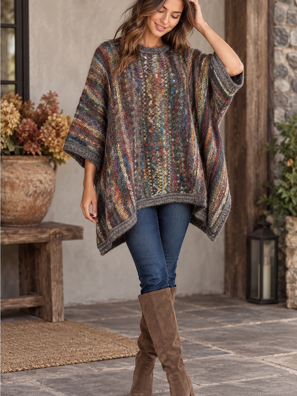 Peruvian Connection Mariscal Rainbow Alpaca Wool Poncho Sweater L XL Oversized